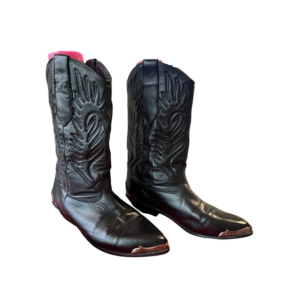 Zodiac Black Leather Cowboy Boots Silver Toe Roses Yugoslavia Women’s 6 Vintage